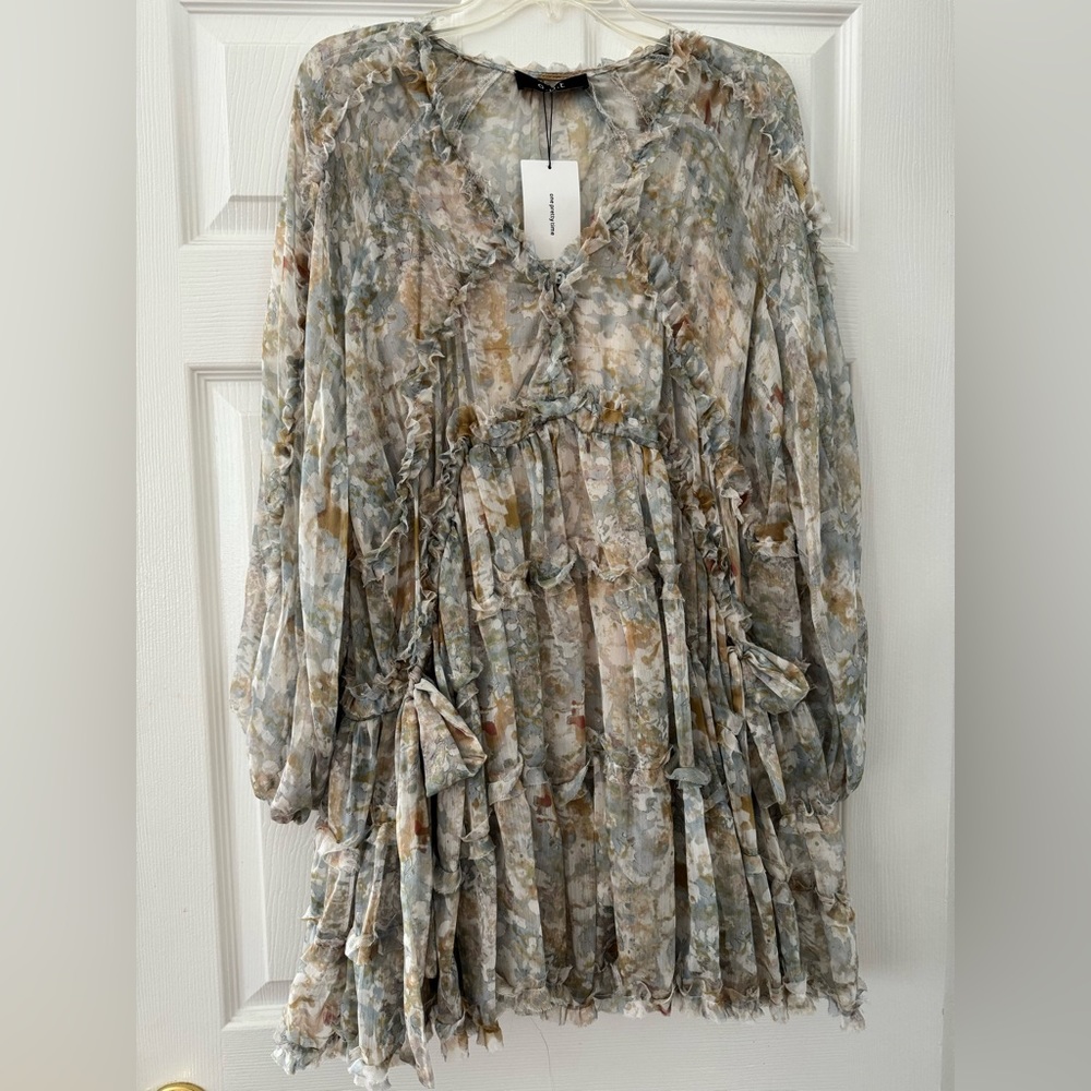 o.p.t. flowy sage/taupe/olive mini dress with sheer long sleeves